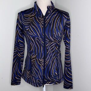 J McLaughlin blue & brown zebra print stretch performance jacket full zip Small
